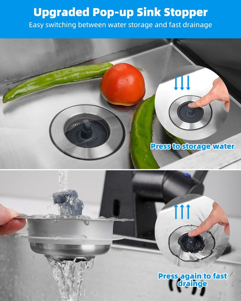 Hibbent Upgraded 3 in 1 Kitchen Sink Drain Strainer and Stopper Combo, Stainless Steel Metal Pop Up Sink Stopper, Anti-Clogging Basket with Foldable Handle for US Standard 3-1/2 Inch Drain - Image 3