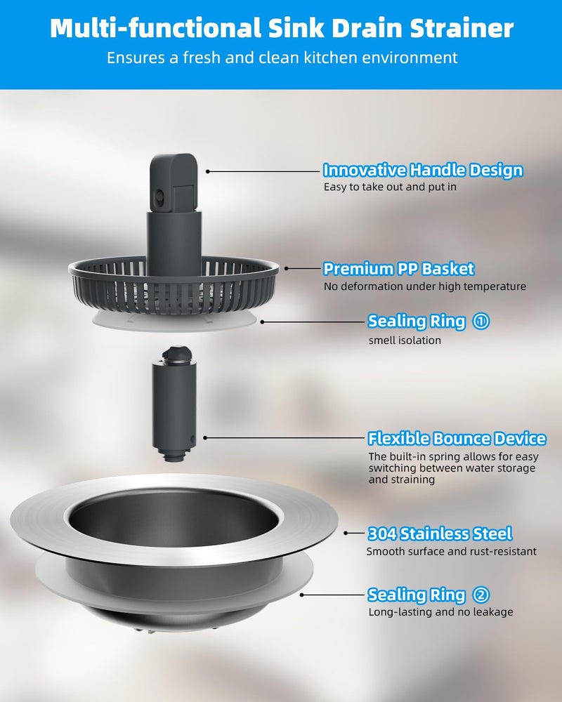 Hibbent Upgraded 3 in 1 Kitchen Sink Drain Strainer and Stopper Combo, Stainless Steel Metal Pop Up Sink Stopper, Anti-Clogging Basket with Foldable Handle for US Standard 3-1/2 Inch Drain - Image 5