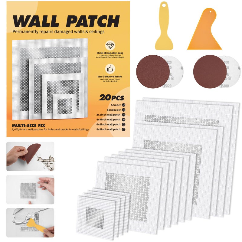NINGOO 20 Pack Drywall Patch, 2/4/6/8 Inch Drywall Repair Patch, Large Hole Patch Repair for Drywall, Quick & Easy Wall Repair, Use with Wall Filler & Spackle - Image 1