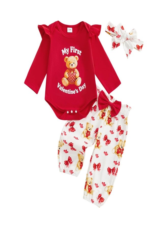 GOOCHEER Newborn Baby Girl Valentine’s Day Outfit Bear Hearts Print Ruffle Long Sleeve Romper Long Pants Headband Set (Red, 0-3 Months) - Image 1