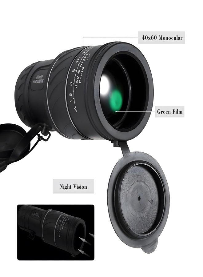 40 X 60 HD Black Monocular Telescope, Bak4 Prism Type Pocket Design Easy to Carry Focus Outdoor Night Vision Green Film Monocular Use for Outdoor Activities - Image 1