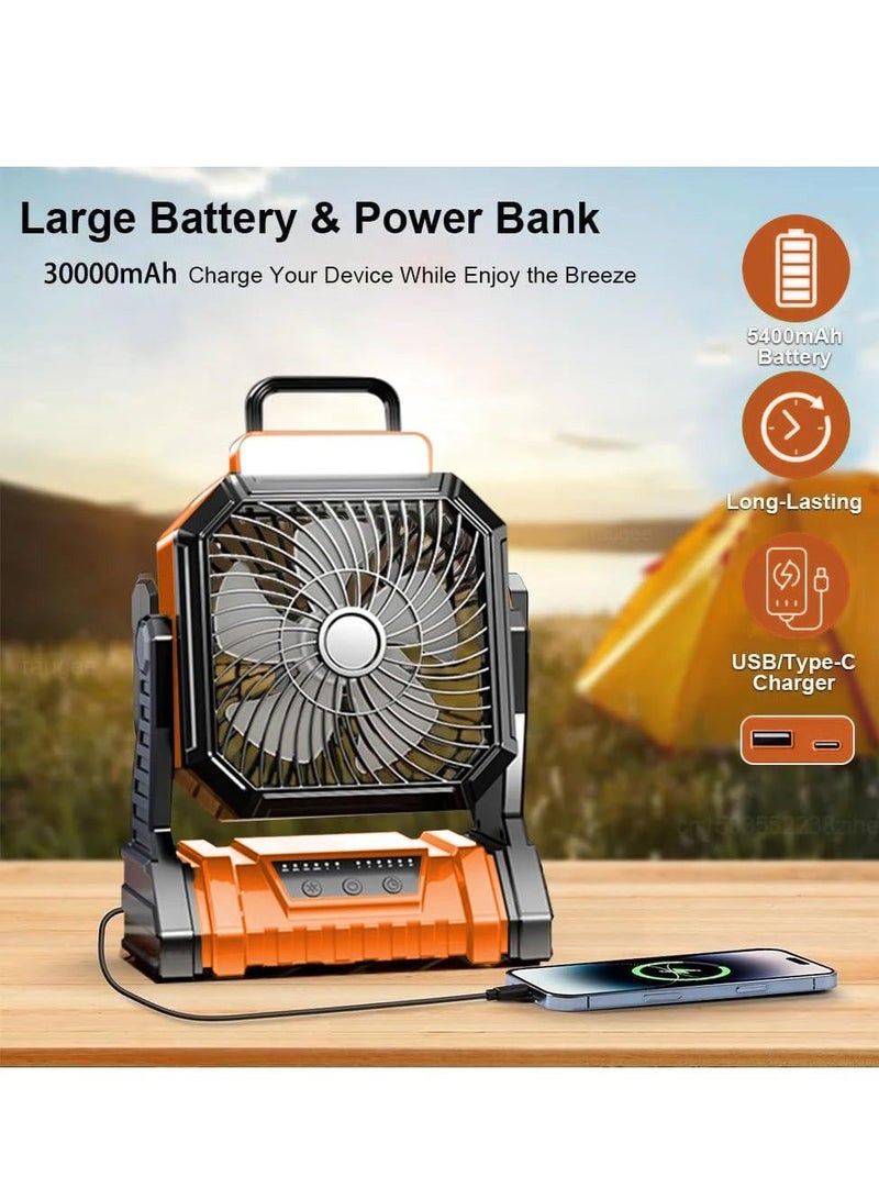 WALALLA 2 in 1 Rechargeable Camping Fan, Portable Tent Fan, Outdoor Standing Fan, Powered Hiking Hanging Light Fans with LED Light Lantern, 4 Adjustable Speed, 270° Oscillating for Home, Office, Hiking - Image 5