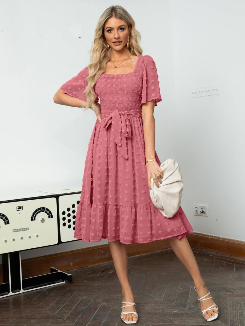 Amegoya Women's Short Sleeve Summer Midi Dress Casual Swiss Dot Square Neck Smocked Baby Shower Guest Dress (Rust Pink XL) - Image 2