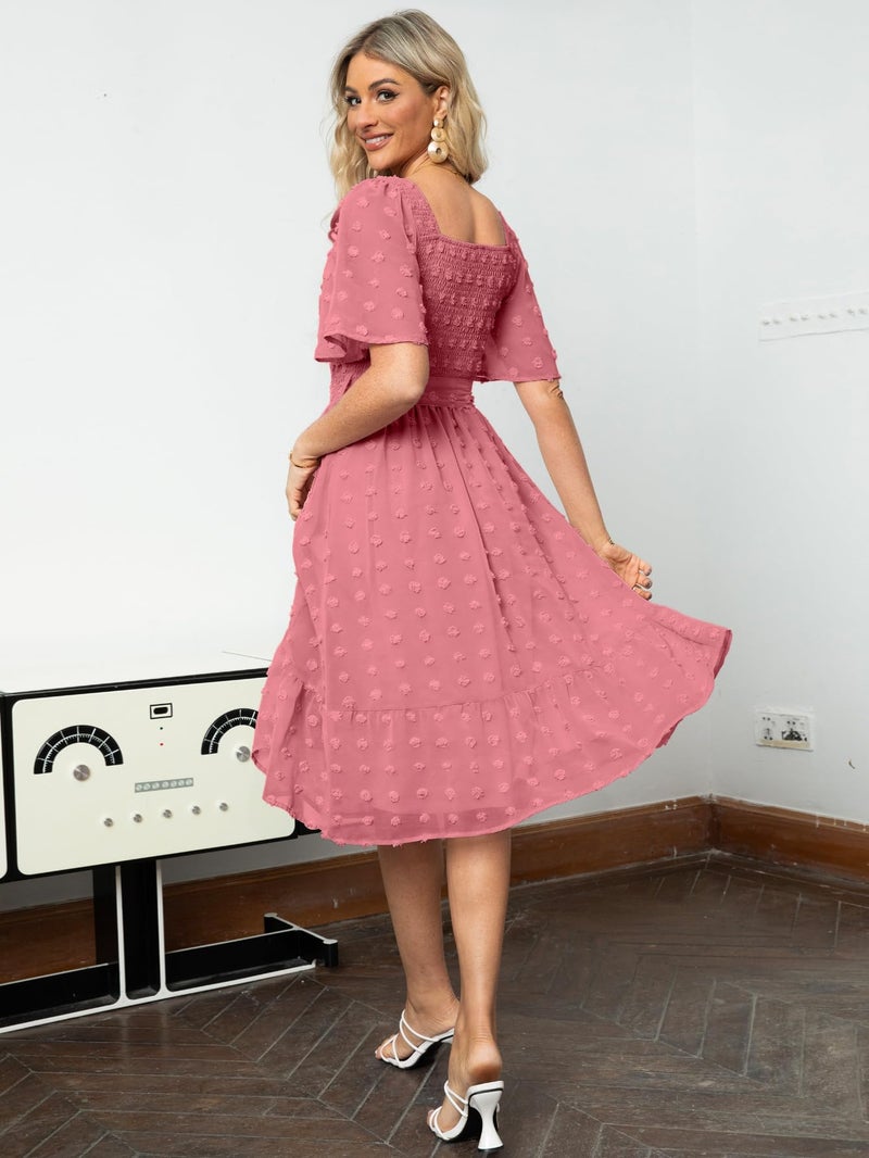 Amegoya Women's Short Sleeve Summer Midi Dress Casual Swiss Dot Square Neck Smocked Baby Shower Guest Dress (Rust Pink XL) - Image 4