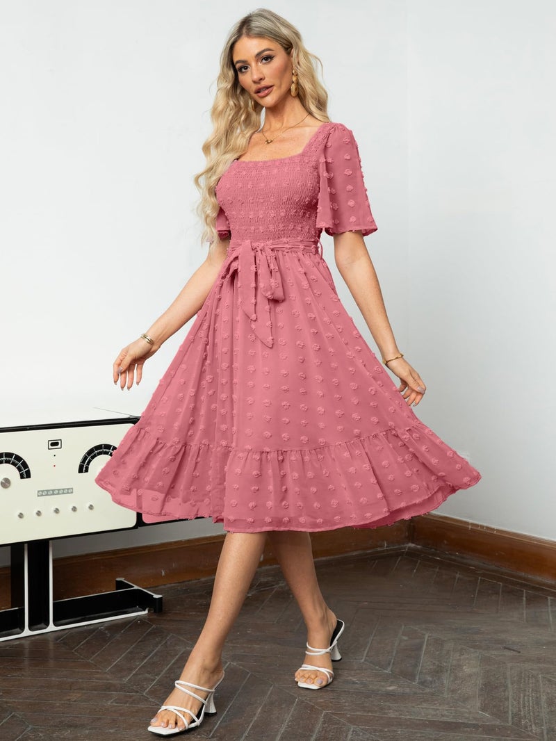 Amegoya Women's Short Sleeve Summer Midi Dress Casual Swiss Dot Square Neck Smocked Baby Shower Guest Dress (Rust Pink XL) - Image 3