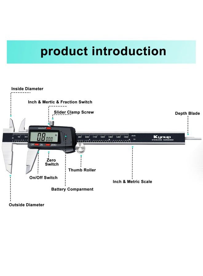 Kynup Caliper Measuring Tool, Digital Micrometer Caliper Tool, Vernier Caliper with Stainless Steel, Large LCD Screen, Auto - Off Feature, Inch Metric Fraction Conversion (6Inch/150mm) - Image 5