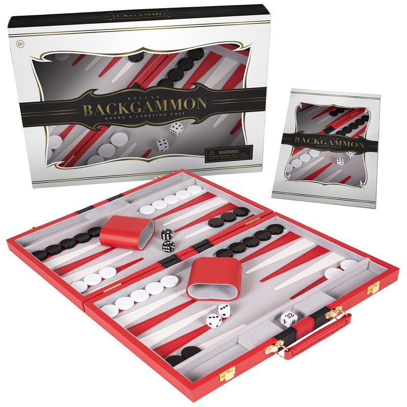 Crazy Games Premium Backgammon 15 Inches Medium Red - Backgammon Sets for Adults and Kids - Leatherette Back Gammon Board Game Set - Travel Backgammon Set Board Encased with Accessories - Image 1