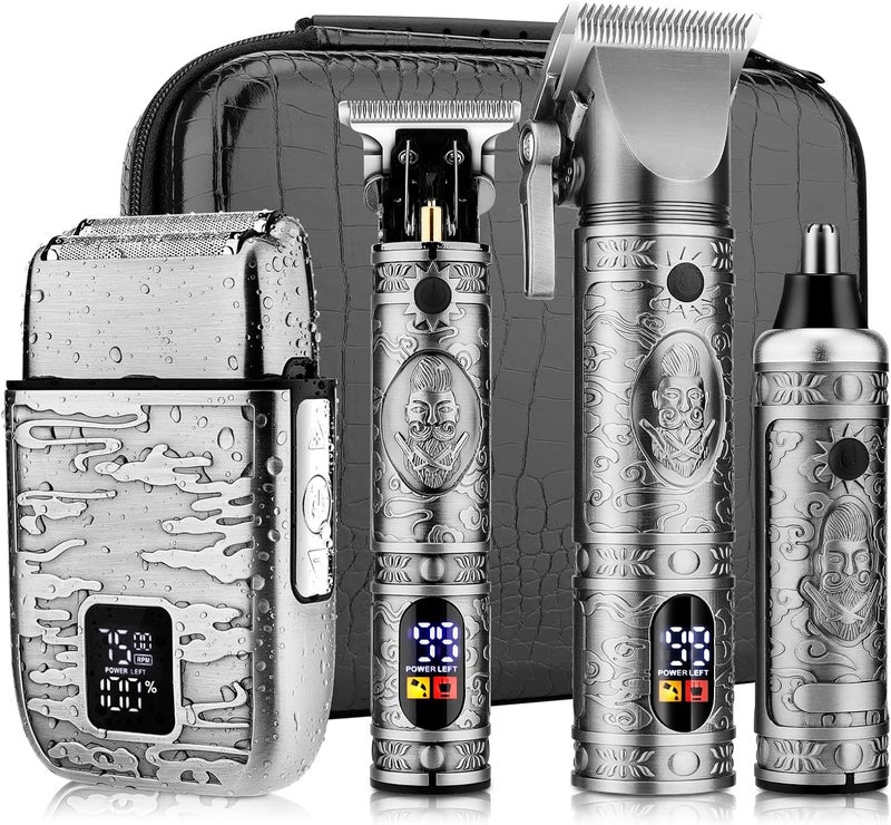 Professional Hair Clippers for MenHair ClippersTBlade TrimmerElectric ShaverNose Hair Trimmer Set4 in 1 Cordless Barber Hair Cutting Kit LCD Display Gifts Gray