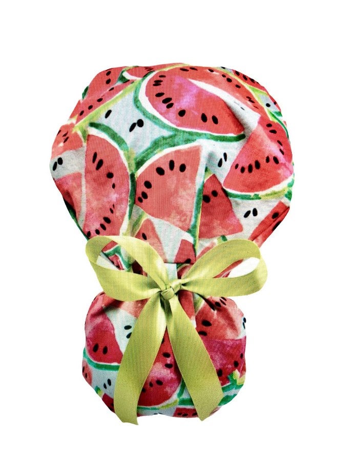 Generic Ponytail Scrub Cap, watermelon wedges print, ideal for long hair or ponytail. Select your satin ribbon tie backs from 6 color options! - Image 1