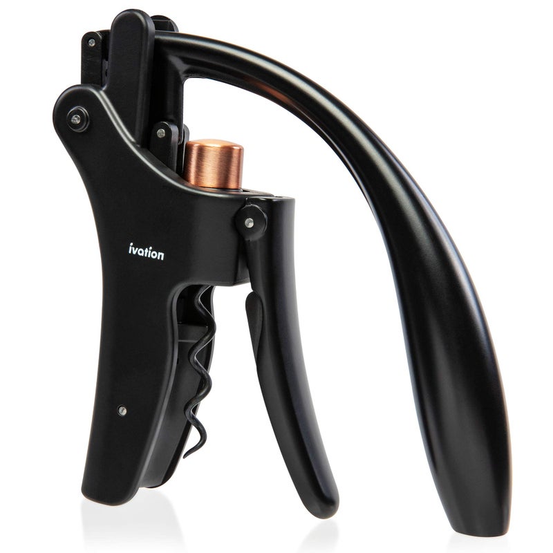 Ivation Wine Bottle Opener Manual Handheld Corkscrew with Ergonomic Lever Pump Standing Vertical Design Soft Bottleneck Grip Nonstick Screw Easy NoTwist Cork Removal Black Bronze Stainless