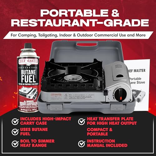 Chefmaster Chef Master 15,000 BTU Butane Portable Camp Stove + 4x 8oz Butane Canisters | Double Wind-Guard Portable Stove Burner w/Piezo Ignition for Emergencies, Tailgating, Hiking & Camping Essentials - 90019 - Image 4