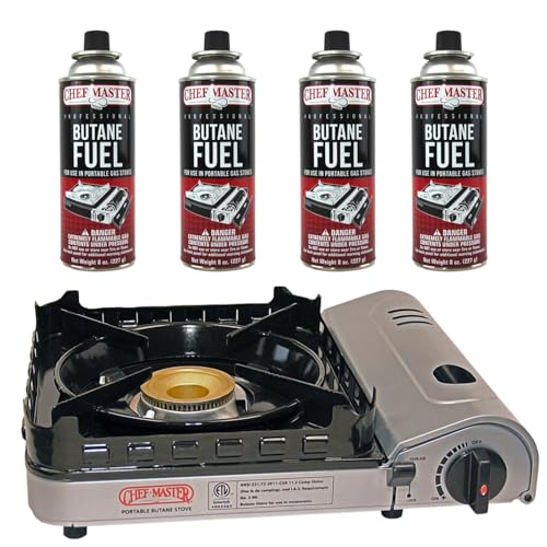 Chefmaster Chef Master 15,000 BTU Butane Portable Camp Stove + 4x 8oz Butane Canisters | Double Wind-Guard Portable Stove Burner w/Piezo Ignition for Emergencies, Tailgating, Hiking & Camping Essentials - 90019 - Image 1