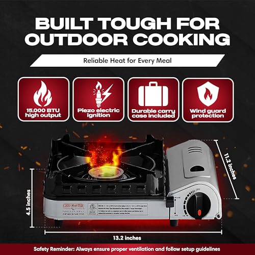 Chefmaster Chef Master 15,000 BTU Butane Portable Camp Stove + 4x 8oz Butane Canisters | Double Wind-Guard Portable Stove Burner w/Piezo Ignition for Emergencies, Tailgating, Hiking & Camping Essentials - 90019 - Image 2