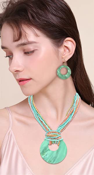 Coiris Multi Strand Statement Colorful Beaded Necklace with Big Circle Shell Pendant for Women (N0055) - Image 2