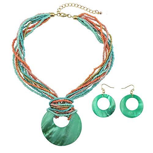 Coiris Multi Strand Statement Colorful Beaded Necklace with Big Circle Shell Pendant for Women (N0055) - Image 1