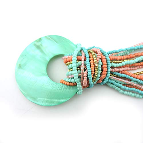Coiris Multi Strand Statement Colorful Beaded Necklace with Big Circle Shell Pendant for Women (N0055) - Image 5