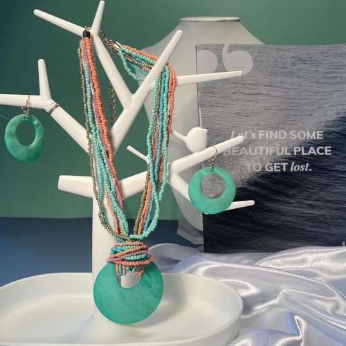 Coiris Multi Strand Statement Colorful Beaded Necklace with Big Circle Shell Pendant for Women (N0055) - Image 4