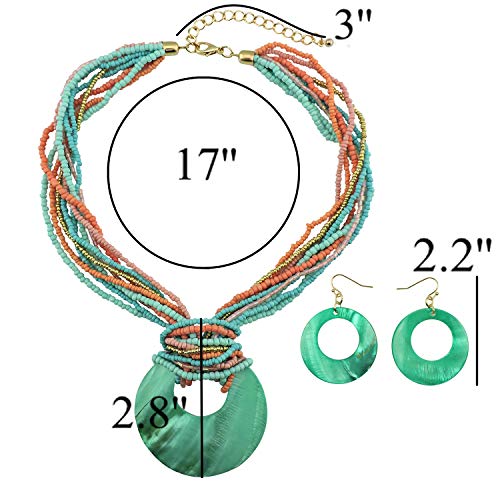 Coiris Multi Strand Statement Colorful Beaded Necklace with Big Circle Shell Pendant for Women (N0055) - Image 3