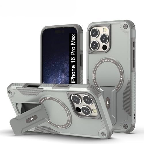 US LITE Back Cover for iPhone 16 Pro Max with Portable Kickstand | Mag-Safe Compatible Magnetic Case | Shockproof Military Grade Protection | Extreme Protection Phone Cover – Grey - Image 1