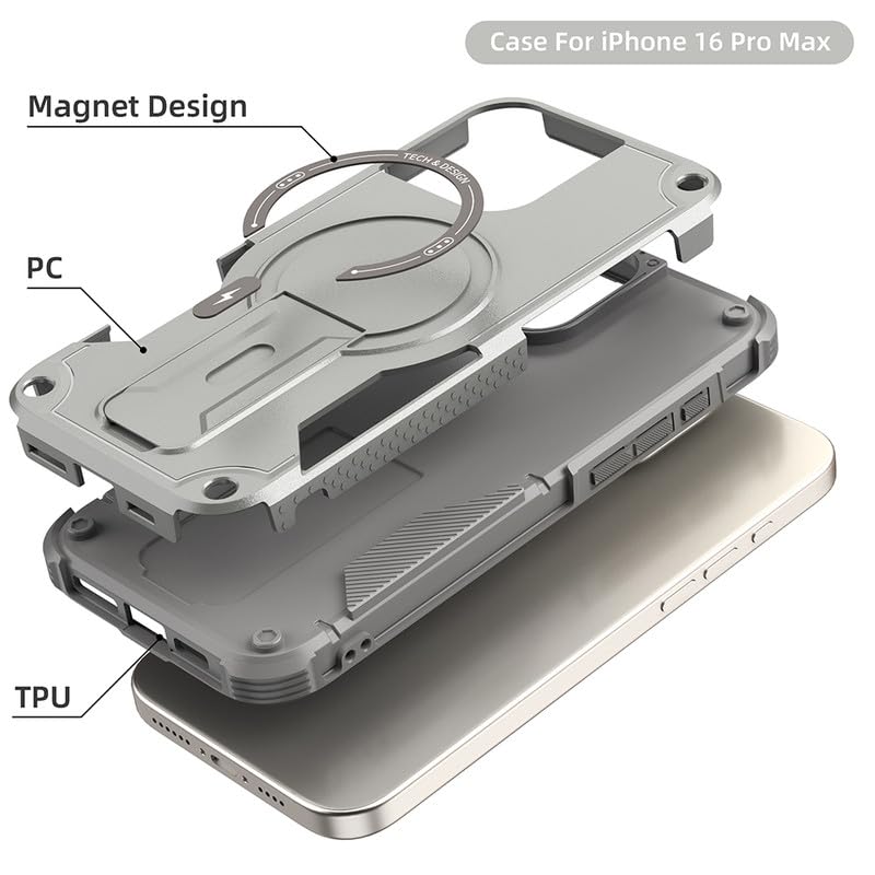 US LITE Back Cover for iPhone 16 Pro Max with Portable Kickstand | Mag-Safe Compatible Magnetic Case | Shockproof Military Grade Protection | Extreme Protection Phone Cover – Grey - Image 4