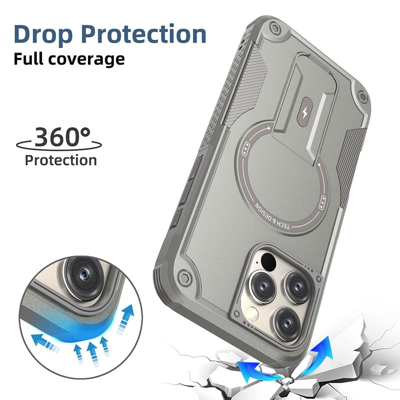 US LITE Back Cover for iPhone 16 Pro Max with Portable Kickstand | Mag-Safe Compatible Magnetic Case | Shockproof Military Grade Protection | Extreme Protection Phone Cover – Grey - Image 3