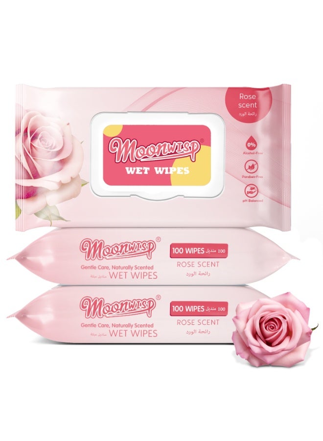Moonwisp Wet Wipes for Cleaning and Hand Sanitizing, Rose Scented, Moisturizing, Travel-Friendly, Hypoallergenic, All-Purpose Wipes, Perfect for Adults and Kids (Red, PACK 3) - Image 1