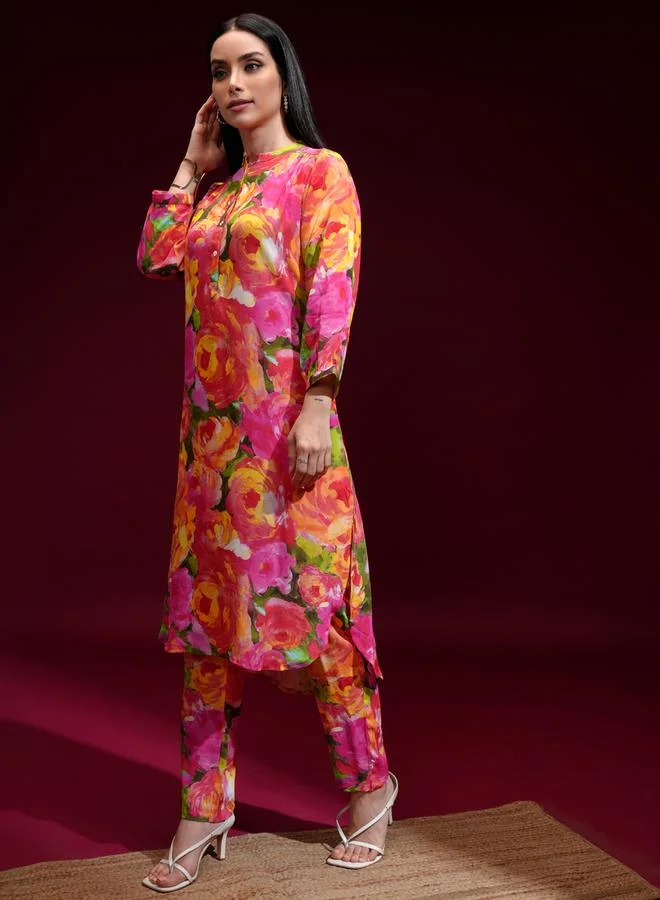 Vishudh Women Orange Floral Printed Kurta with Trousers by Styli