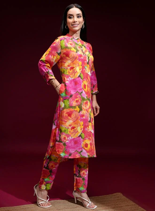 Vishudh Women Orange Floral Printed Kurta with Trousers by Styli
