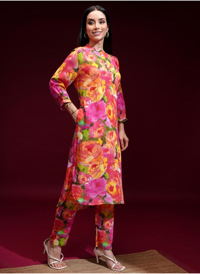 Vishudh - Women Orange Floral Printed Kurta with Trousers by Styli - Image 1