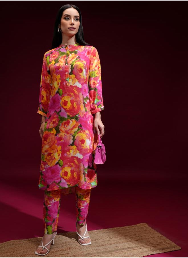 Vishudh - Women Orange Floral Printed Kurta with Trousers by Styli - Image 1