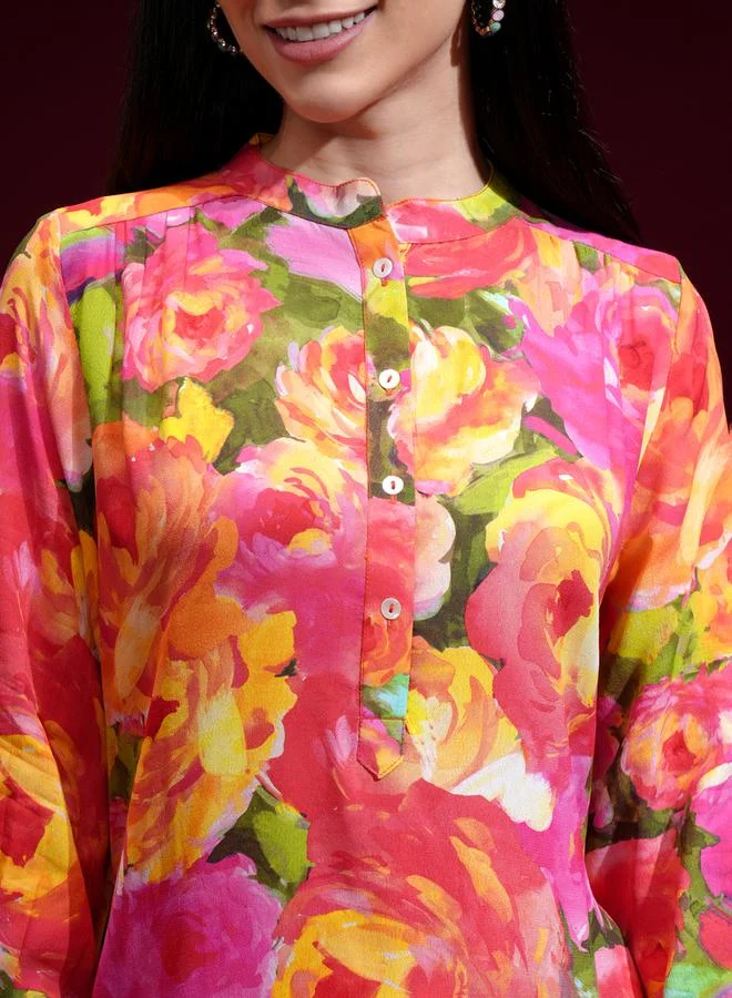 Vishudh Women Orange Floral Printed Kurta with Trousers by Styli