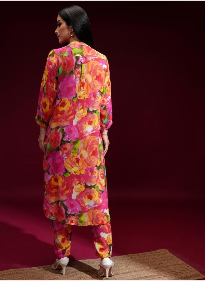 Vishudh - Women Orange Floral Printed Kurta with Trousers by Styli - Image 1