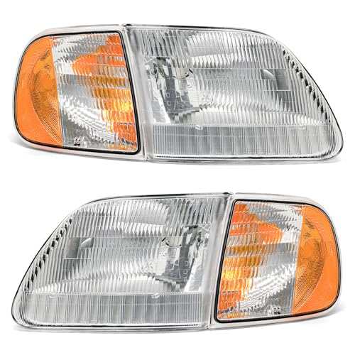 ADCARLIGHTS Headlight Compatible with Ford F-150 1997-2003/Ford F-150 Heritage 2004 Chrome Housing Amber Reflector Replacement Pair (Chrome Housing Amber Reflector Clear Lens) - Image 1