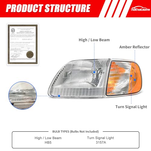 ADCARLIGHTS Headlight Compatible with Ford F-150 1997-2003/Ford F-150 Heritage 2004 Chrome Housing Amber Reflector Replacement Pair (Chrome Housing Amber Reflector Clear Lens) - Image 2