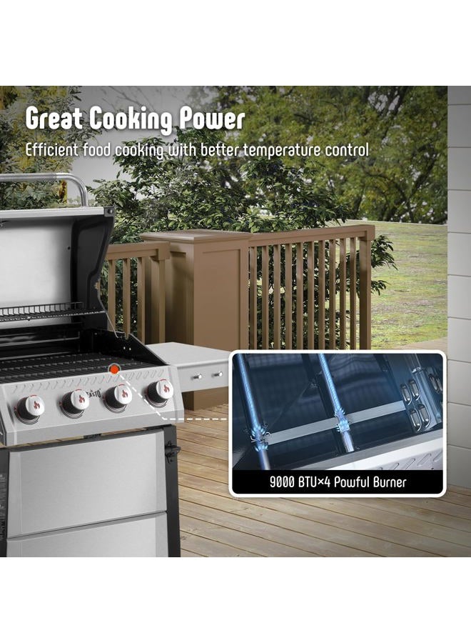Feasto 4-Burner Propane Gas Grill with Side Burner and Porcelain-Enamel Cast Iron Grates for Patio Garden Barbecue,48000 BTU Outdoor Grill for Outdoor Cooking, Silver - Image 5