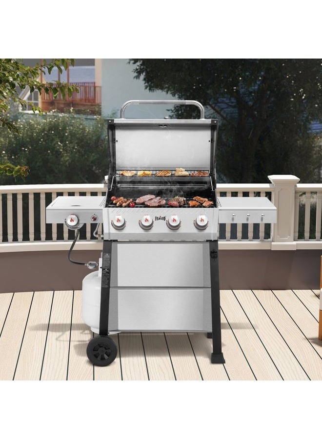 Feasto 4-Burner Propane Gas Grill with Side Burner and Porcelain-Enamel Cast Iron Grates for Patio Garden Barbecue,48000 BTU Outdoor Grill for Outdoor Cooking, Silver - Image 2