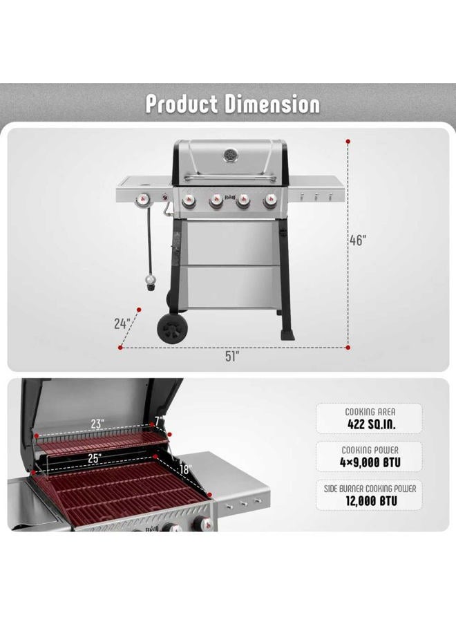 Feasto 4-Burner Propane Gas Grill with Side Burner and Porcelain-Enamel Cast Iron Grates for Patio Garden Barbecue,48000 BTU Outdoor Grill for Outdoor Cooking, Silver - Image 3