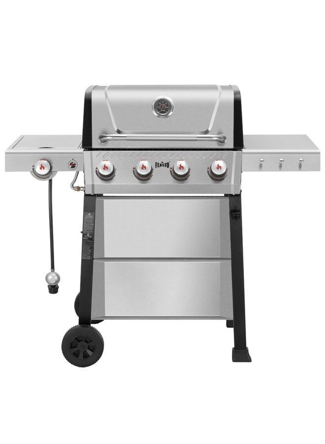 Feasto 4-Burner Propane Gas Grill with Side Burner and Porcelain-Enamel Cast Iron Grates for Patio Garden Barbecue,48000 BTU Outdoor Grill for Outdoor Cooking, Silver - Image 1