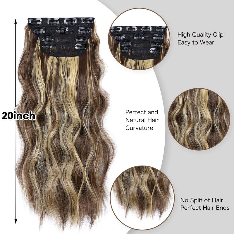 LEEONS Clip in Synthetic Hair Extensions Long Wavy 4PCS Thick Hairpieces Blonde Highlighted Medium Brown Fiber Double Weft Natural Hair Extensions 20 Inch for Women (4pcs, 20Inch, 86H10#) - Image 4