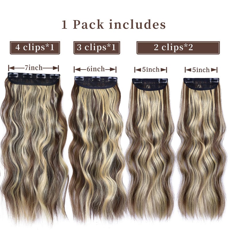 LEEONS Clip in Synthetic Hair Extensions Long Wavy 4PCS Thick Hairpieces Blonde Highlighted Medium Brown Fiber Double Weft Natural Hair Extensions 20 Inch for Women (4pcs, 20Inch, 86H10#) - Image 2