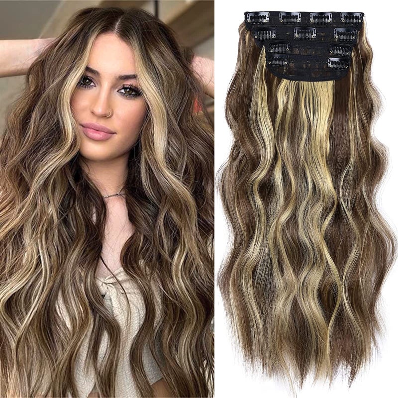 LEEONS Clip in Synthetic Hair Extensions Long Wavy 4PCS Thick Hairpieces Blonde Highlighted Medium Brown Fiber Double Weft Natural Hair Extensions 20 Inch for Women (4pcs, 20Inch, 86H10#) - Image 1
