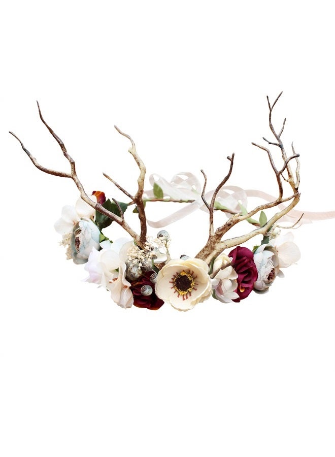 LLinfflr Deer Antler Hair Band Deer Headband with Flowers Antler Hair Hoop Flower Headband Party Cosplay Costume - Image 1