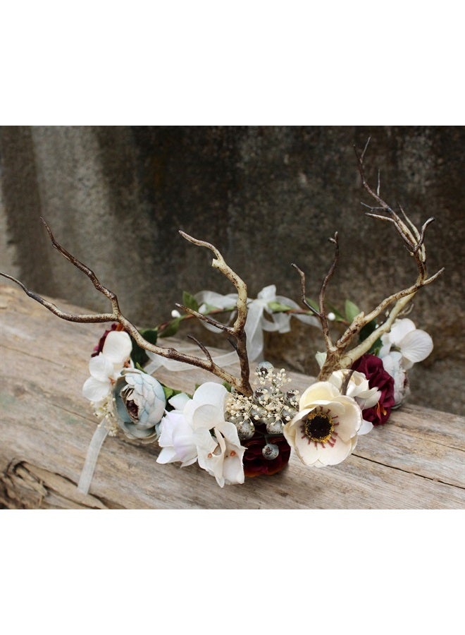 LLinfflr Deer Antler Hair Band Deer Headband with Flowers Antler Hair Hoop Flower Headband Party Cosplay Costume - Image 3