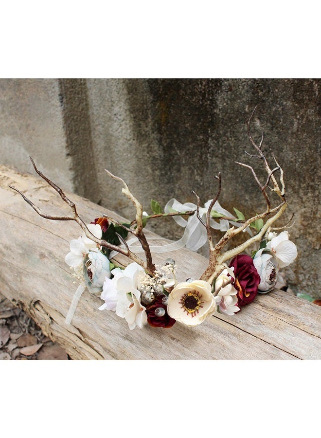 LLinfflr Deer Antler Hair Band Deer Headband with Flowers Antler Hair Hoop Flower Headband Party Cosplay Costume - Image 2