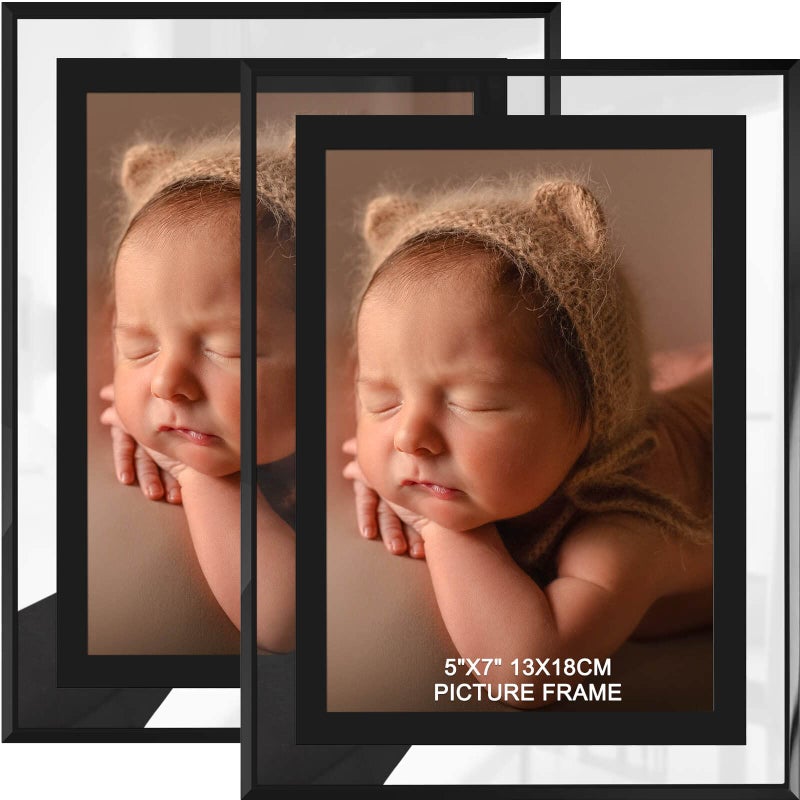 IZIDDO 5x7 Picture Frames Set of 2 Black Glass Photo Frame Only for Tabletop Display Gift Picture Frame Horizontally or Vertically 5x7 Black