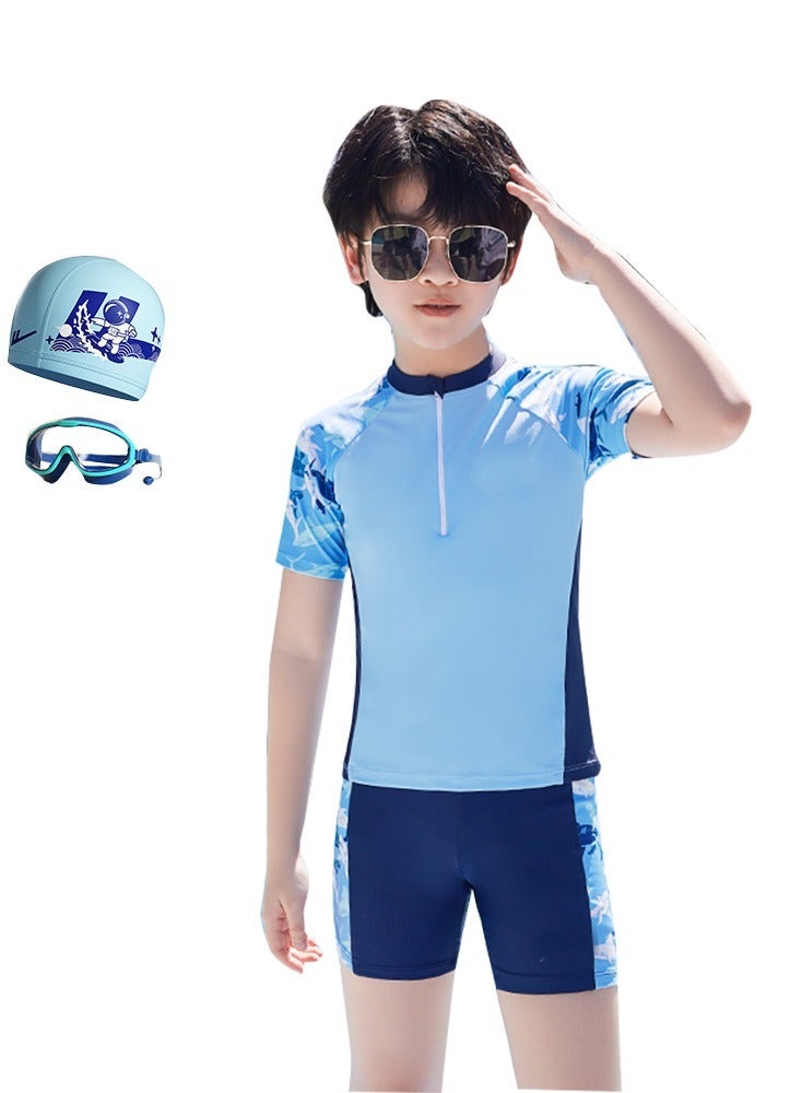 Boys' Rash Guard Quick Dry Short Sleeve top Shirts Swim Set with Goggles and Cap for Boys (4-12) - Image 1