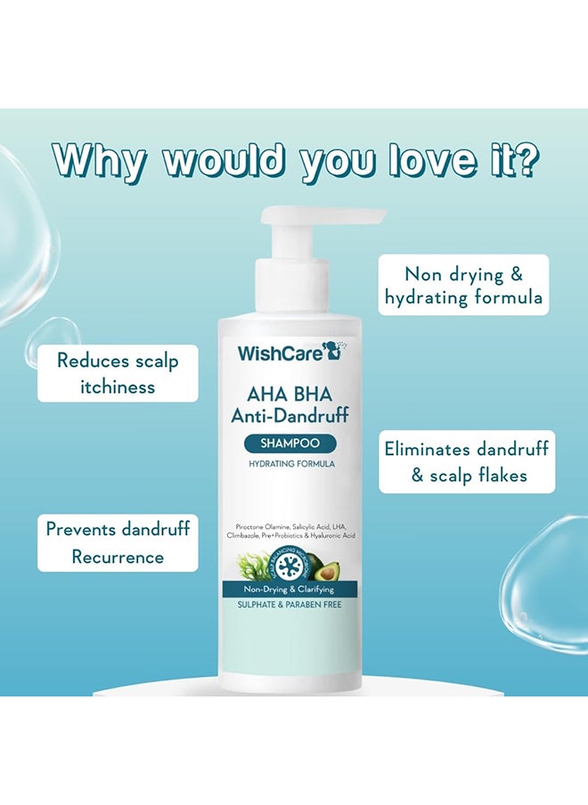 WishCare - Hydrating AHA BHA Anti Dandruff Shampoo For Women & Men- Piroctone Olamine, Salicylic Acid, LHA, Climbazole, Pre+Probiotics & Hyaluronic Acid - Paraben & Sulphate Free Shampoo 250ml - Image 1
