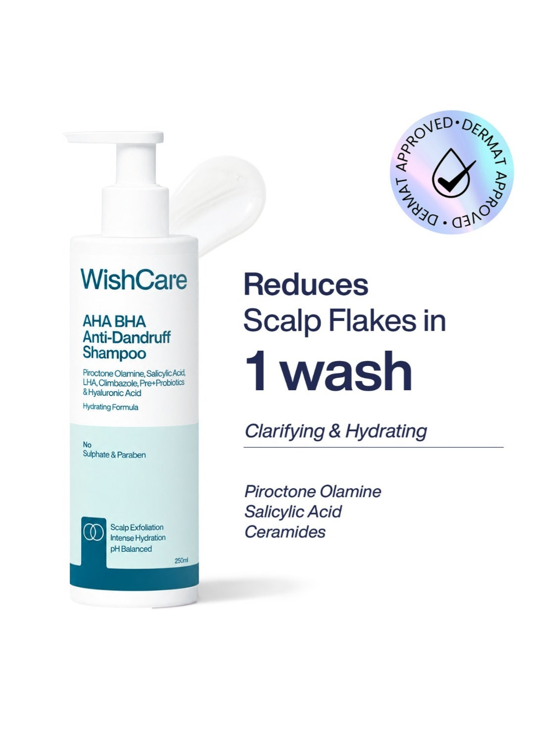 Hydrating Anti Dandruff Shampoo | 100% Dandruff Reduction | Removes Flakes & Hydrates Scalp | Proven Clinically | Piroctone Olamine, Salicylic Acid, AHA & BHA | Paraben & Sulphate Free | For Women And Men 250ml