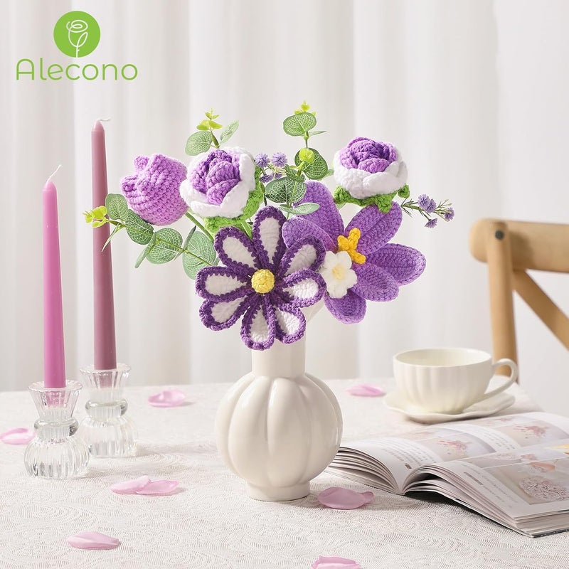 Alecono باقة زهور الكروشيه من أليكونو، زهور صناعية محبوكة، زخة توليب كروشيه كهدية للذكرى السنوية، حفلة عيد الميلاد، هدايا التخرج للفتيات والنساء (بنفسجي) - Image 4