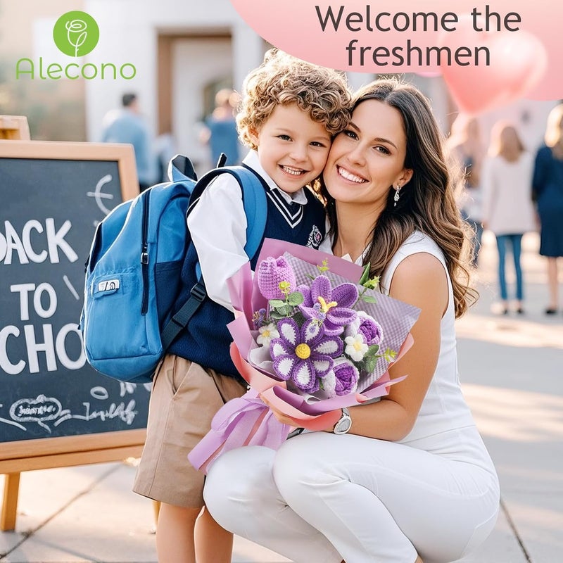 Alecono باقة زهور الكروشيه من أليكونو، زهور صناعية محبوكة، زخة توليب كروشيه كهدية للذكرى السنوية، حفلة عيد الميلاد، هدايا التخرج للفتيات والنساء (بنفسجي) - Image 3
